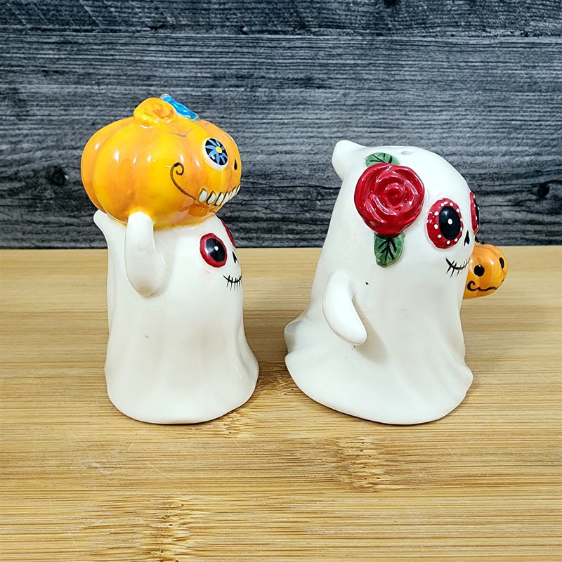 Load image into Gallery viewer, Halloween Salt Pepper Set Ghost Pumpkins Trick or Treat Costume Ceramic Blue Sky
