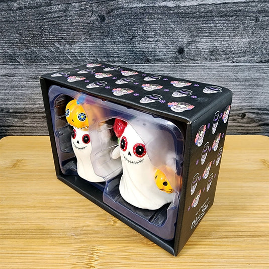 Halloween Salt Pepper Set Ghost Pumpkins Trick or Treat Costume Ceramic Blue Sky
