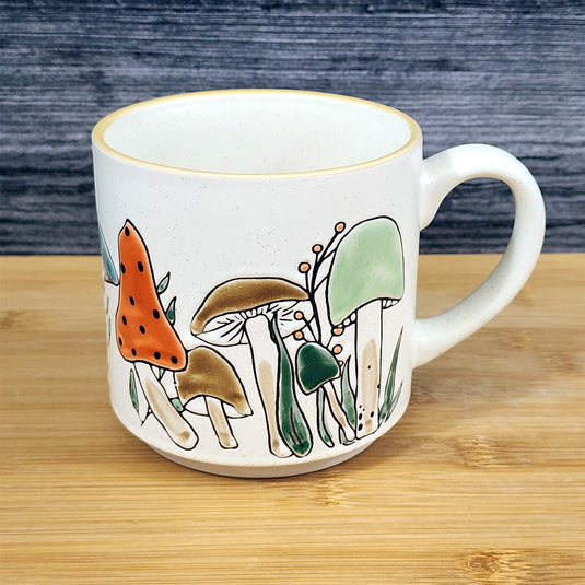 Mushroom Morel Coffee Mug Orange Green Botanical Ceramic Tea Cup Blue Sky 18oz