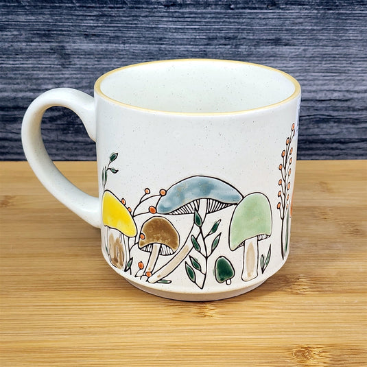 Mushroom Coffee Mug Morel Red Yellow Botanical Ceramic Tea Cup Blue Sky 18oz