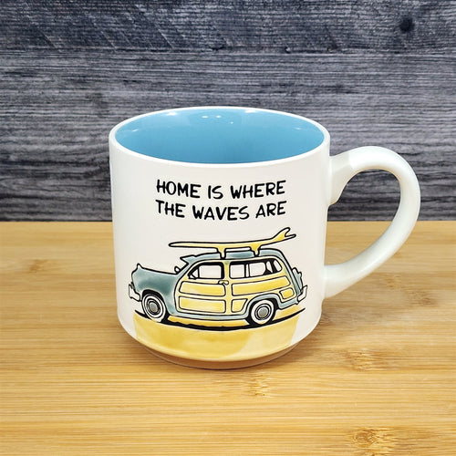 Retro Woodie Car Surfboard Coffee Mug Ceramic Ocean Lover Tea Cup Blue Sky 18oz