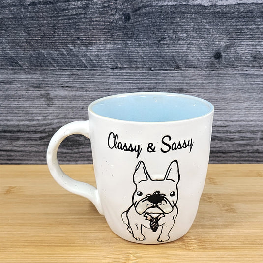 French Bulldog Coffee Cup Classy Sassy Dog Mug Blue Sky Ceramic Embossed 16 oz