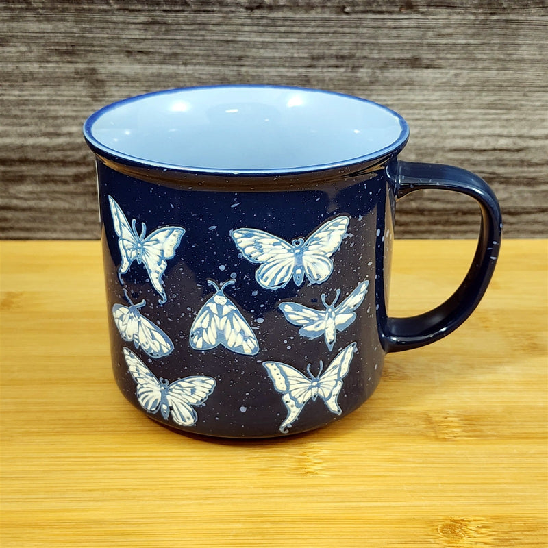 Load image into Gallery viewer, Artisan Butterfly &amp; Moth Mug Nature Motif Ceramic Embossed 18oz Tea Cup Blue Sky
