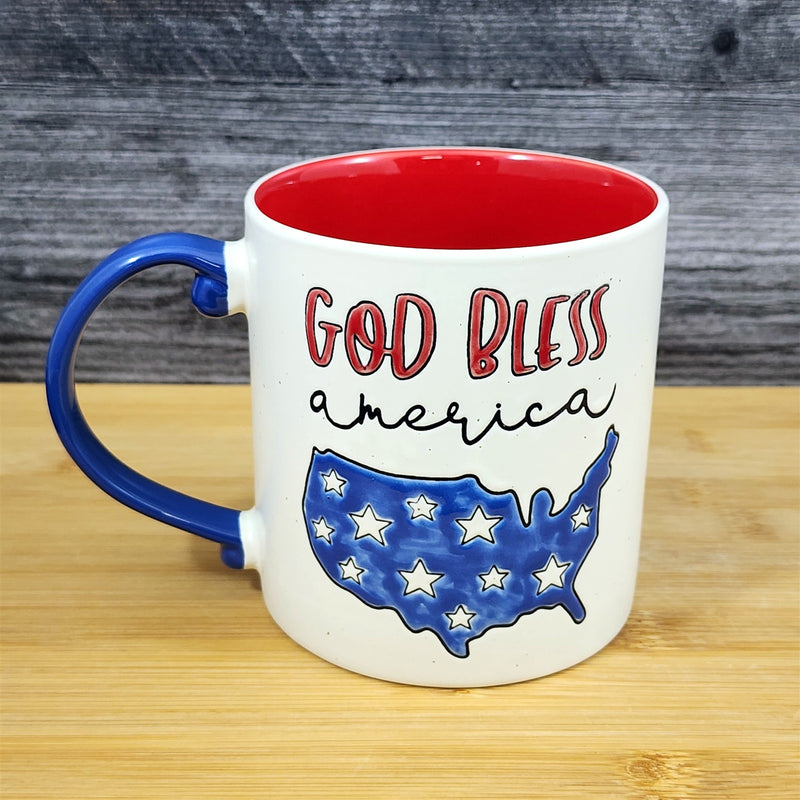 Load image into Gallery viewer, Red White Blue America Mug “God Bless” Ceramic Coffee Cup Blue Sky 21oz Patriot
