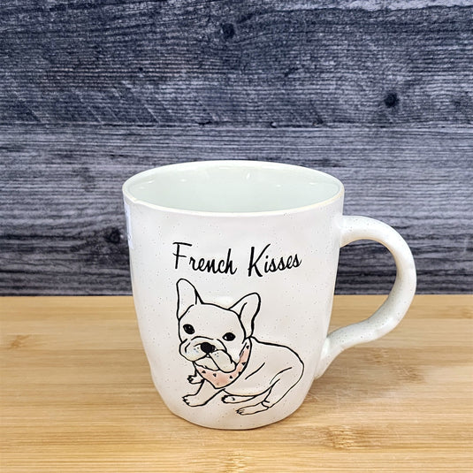 French Kisses Bulldog Coffee Cup Dog Mug Blue Sky Ceramic Embossed 16 oz