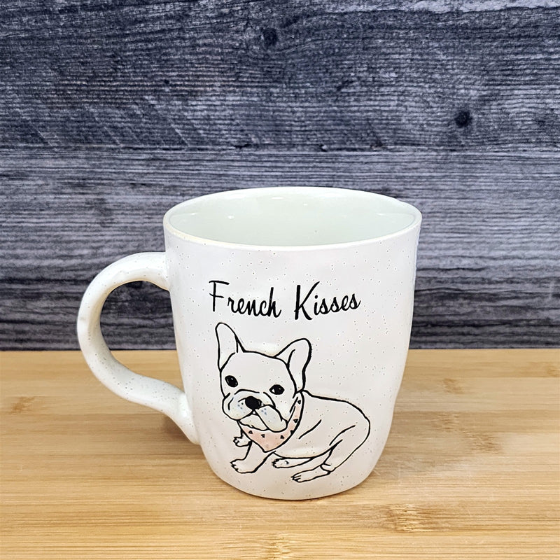 Load image into Gallery viewer, French Kisses Bulldog Coffee Cup Dog Mug Blue Sky Ceramic Embossed 16 oz
