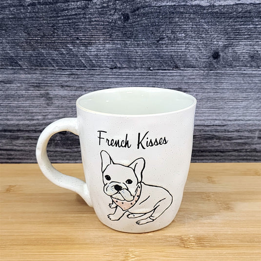 French Kisses Bulldog Coffee Cup Dog Mug Blue Sky Ceramic Embossed 16 oz