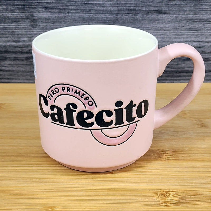 Load image into Gallery viewer, Cafecito Mug Fiesta Spanish Coffee Cup Blue Sky Ceramic Embossed Pink White 18oz
