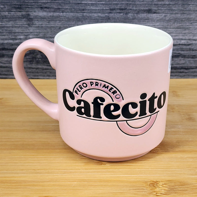 Load image into Gallery viewer, Cafecito Mug Fiesta Spanish Coffee Cup Blue Sky Ceramic Embossed Pink White 18oz
