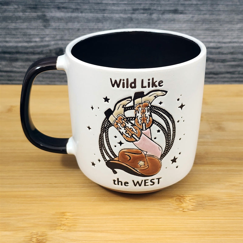 Load image into Gallery viewer, Wild Like the West Coffee Mug Cowgirl Ceramic Tea Cup Blue Sky Country Western
