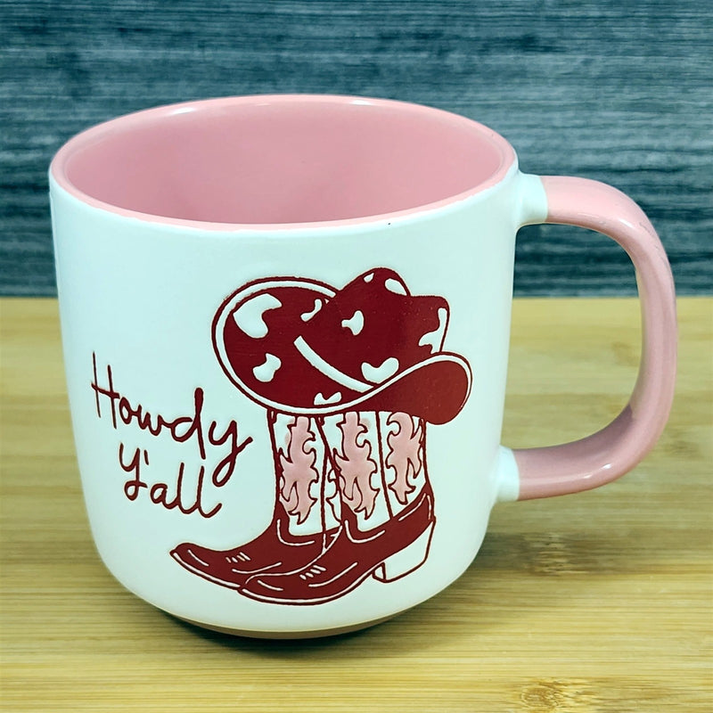 Load image into Gallery viewer, Country Western Coffee Mug Pink Cowgirl Ceramic Tea Cup Blue Sky 18 oz Embossed
