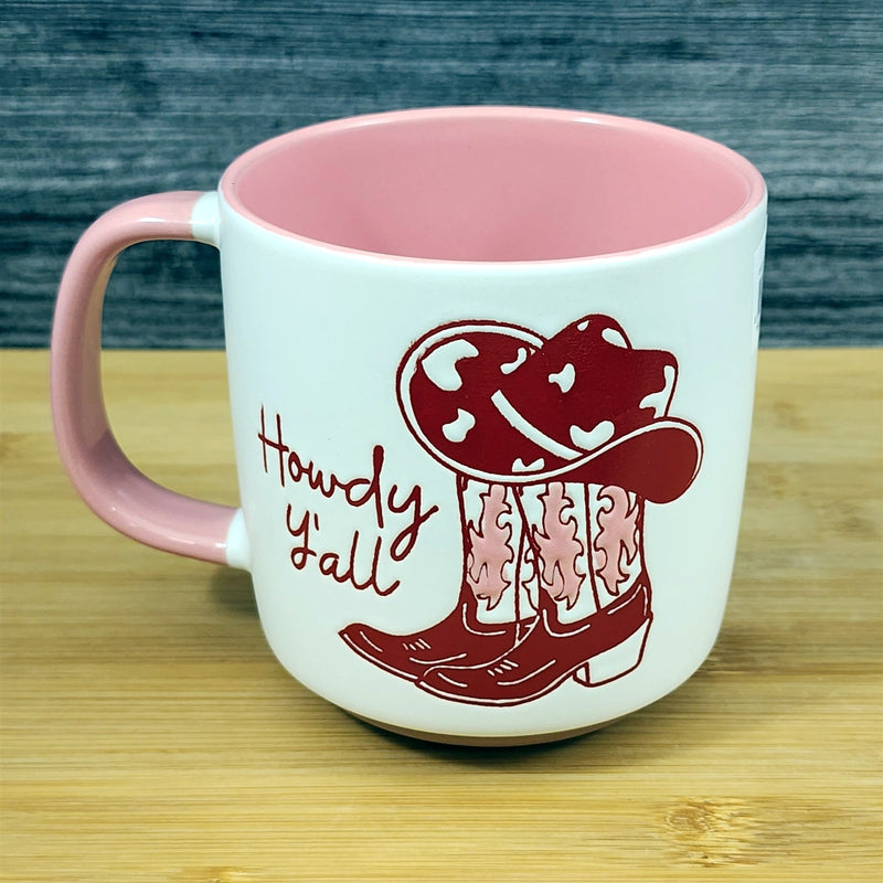 Load image into Gallery viewer, Country Western Coffee Mug Pink Cowgirl Ceramic Tea Cup Blue Sky 18 oz Embossed
