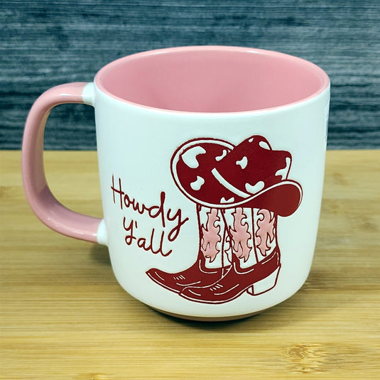 Country Western Coffee Mug Pink Cowgirl Ceramic Tea Cup Blue Sky 18 oz Embossed