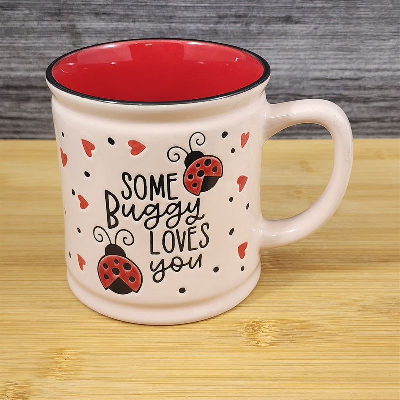Load image into Gallery viewer, Whimsical Love Mug Ladybug Hearts Embossed Red Ceramic Tea Coffee Cup Blue Sky
