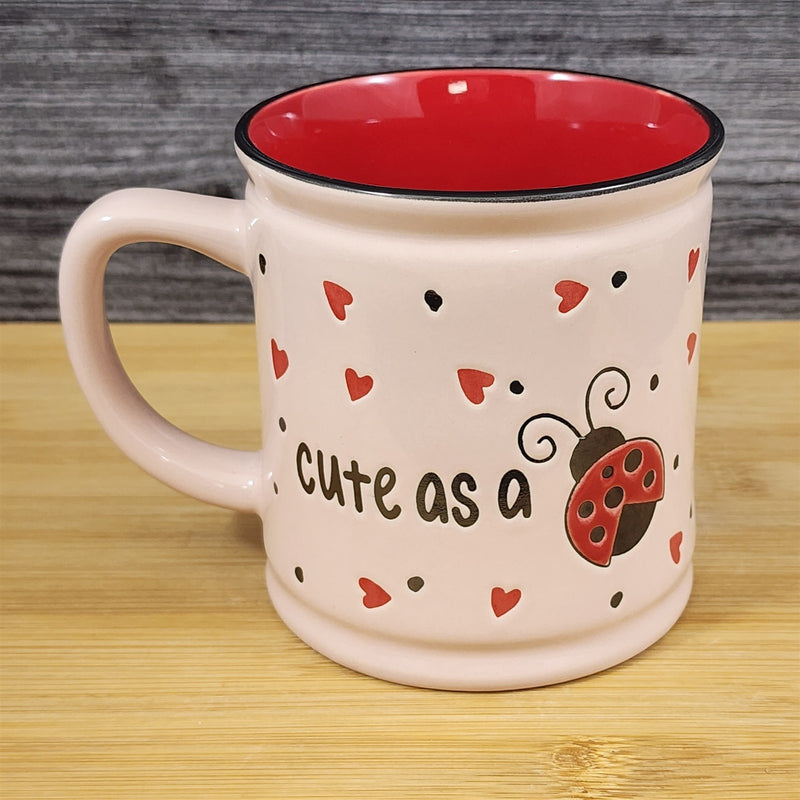 Load image into Gallery viewer, Ladybug Hearts Whimsical Love Mug Embossed Red Ceramic Tea Coffee Cup Blue Sky
