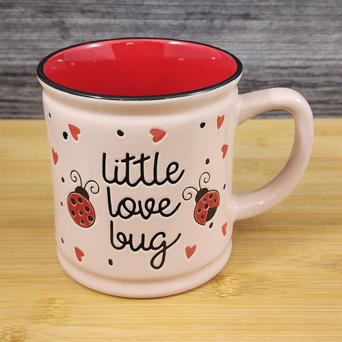 Love Mug Ladybug Hearts Whimsical Embossed Red Ceramic Tea Coffee Cup Blue Sky