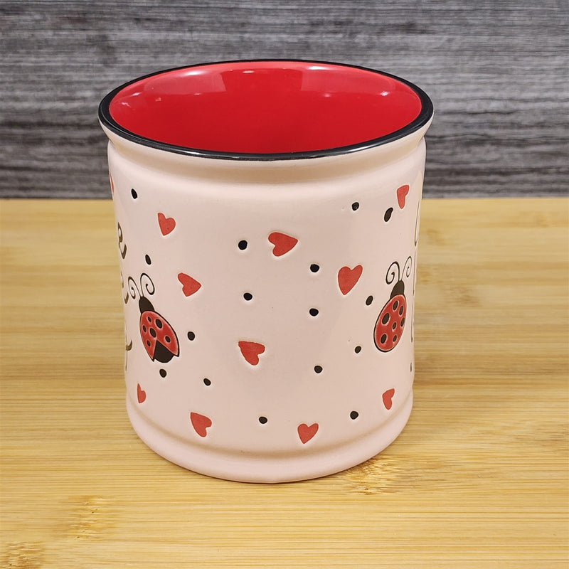 Load image into Gallery viewer, Love Mug Ladybug Hearts Whimsical Embossed Red Ceramic Tea Coffee Cup Blue Sky
