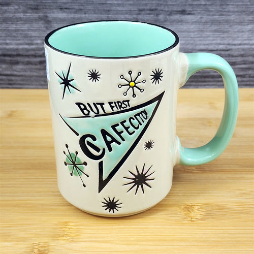 Cafecito Mug Vintage Inspired Spanish Coffee Cup Blue Sky Ceramic Embossed 18 oz
