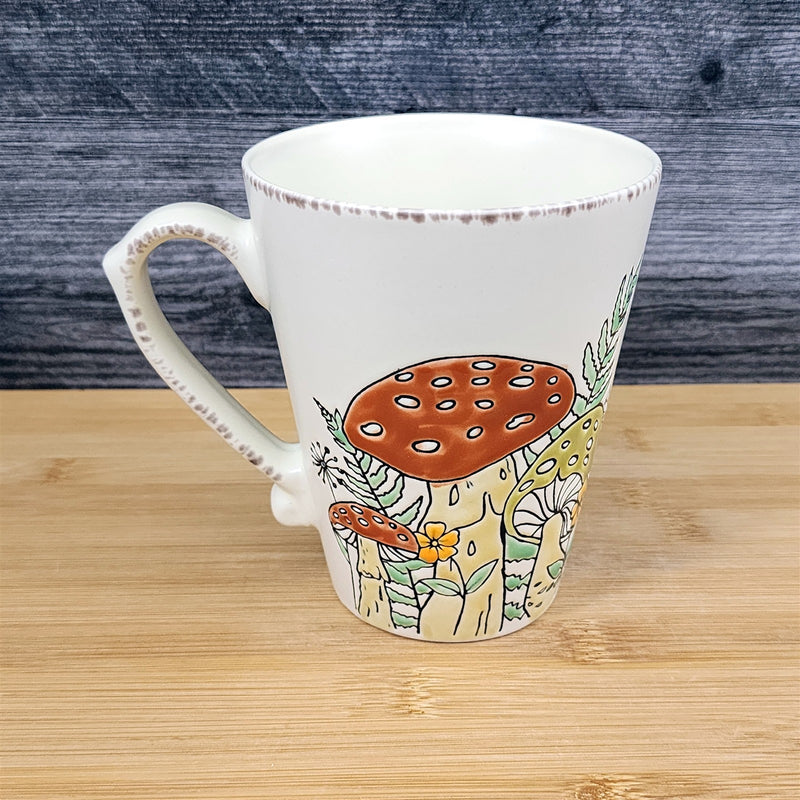 Load image into Gallery viewer, Morel Mushroom Coffee Mug Ceramic Brown Green Floral Garden Tea Cup Blue Sky
