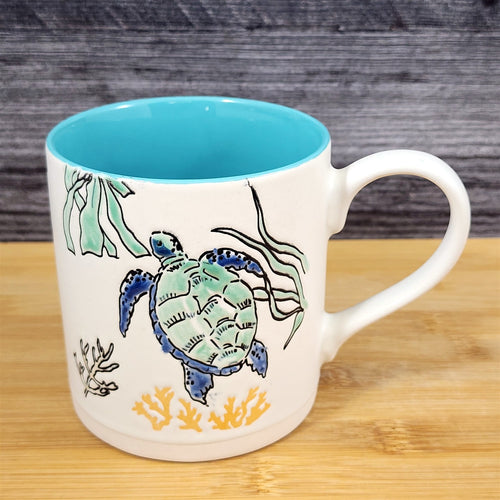 Whimsical Sea Turtle Coffee Mug Marine Ocean Coral Life Tea Cup Blue Sky Ceramic