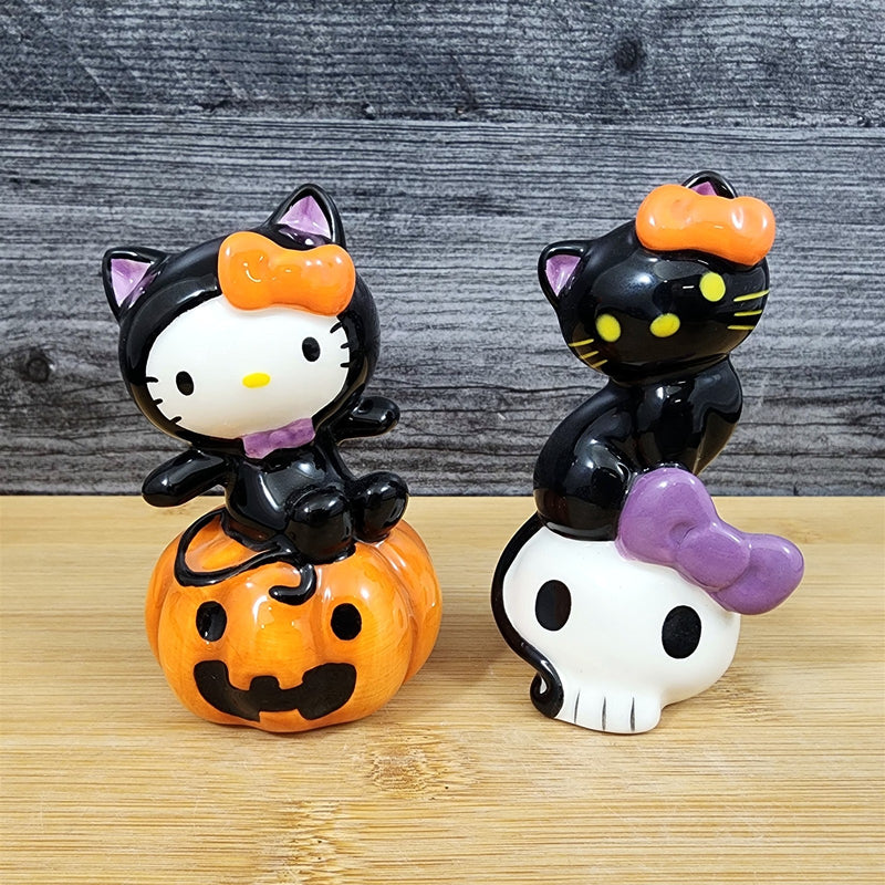 Load image into Gallery viewer, Hello Kitty Halloween Black Cat and Pumpkin Salt Pepper Set Ceramic Blue Sky
