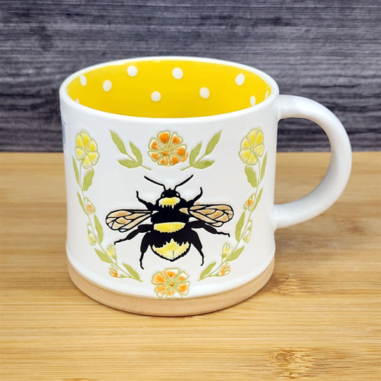 Flower Bumble Bee Coffee Mug Embossed Yellow Ceramic Tea Cup Blue Sky 17oz