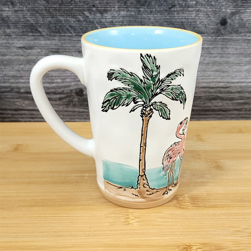 Load image into Gallery viewer, Flamingo with Palm Tree Coffee Mug Ceramic Beach Tropical Ocean Cup Blue Sky
