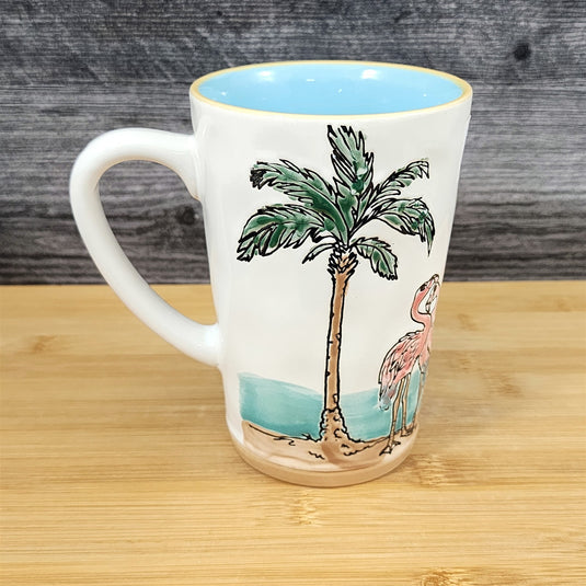 Flamingo with Palm Tree Coffee Mug Ceramic Beach Tropical Ocean Cup Blue Sky