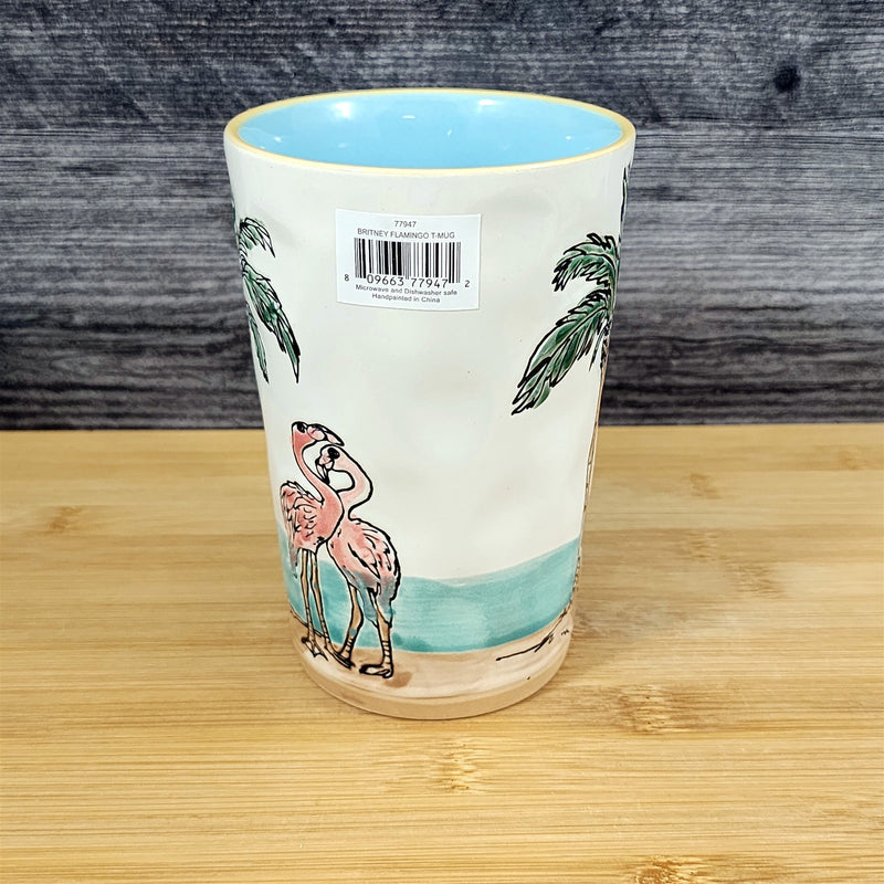 Load image into Gallery viewer, Flamingo with Palm Tree Coffee Mug Ceramic Beach Tropical Ocean Cup Blue Sky
