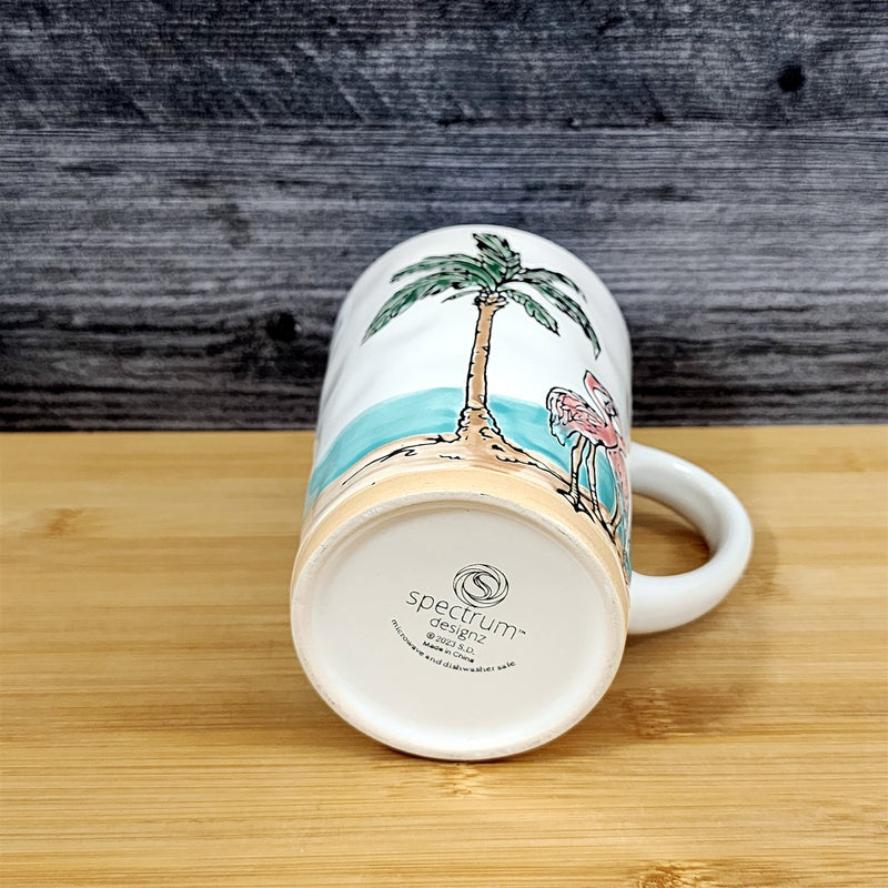 Load image into Gallery viewer, Flamingo with Palm Tree Coffee Mug Ceramic Beach Tropical Ocean Cup Blue Sky
