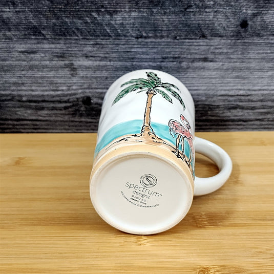 Flamingo with Palm Tree Coffee Mug Ceramic Beach Tropical Ocean Cup Blue Sky