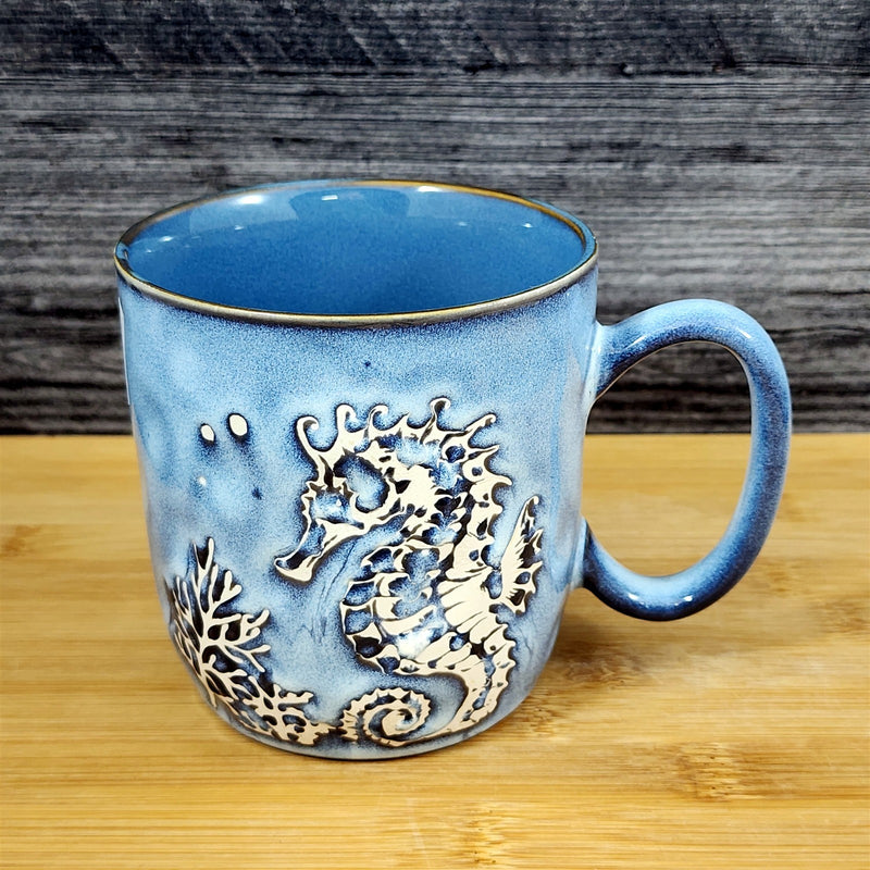Load image into Gallery viewer, Seahorse Coffee Mug Marine Ocean Coral Life Cup 18oz Blue Sky Ceramic Embossed
