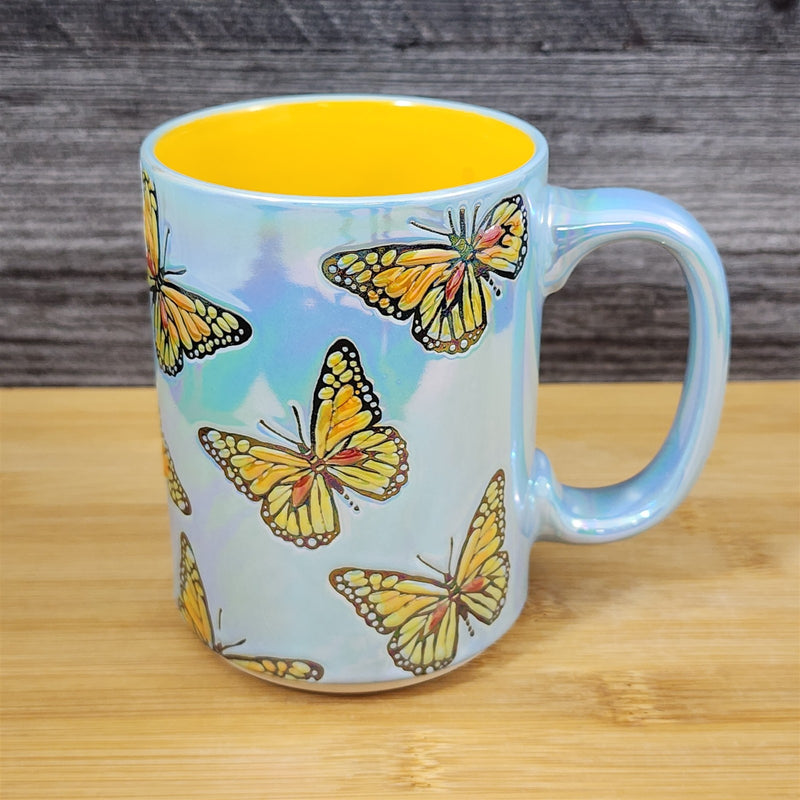 Load image into Gallery viewer, Monarch Embossed Butterfly Mug Luster Glaze Ceramic Tea Coffee Cup Blue Sky 18oz
