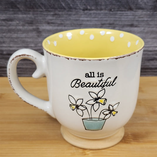 All is Beautiful Quote Mug Cottagecore Flowers Ceramic Cup Embossed Blue Sky