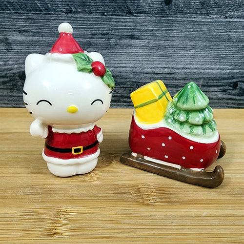 Hello Kitty Christmas Presents Sled Salt Pepper Set Collectible Ceramic Blue Sky