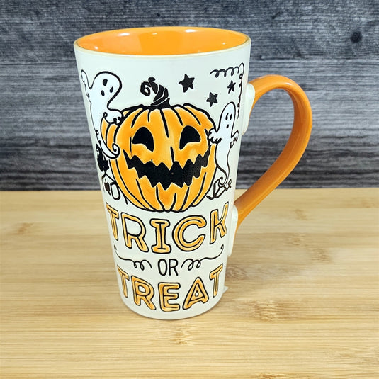 Halloween Coffee Mug Orange Black Trick or Treat Jack-o-Lantern Tea Cup Blue Sky