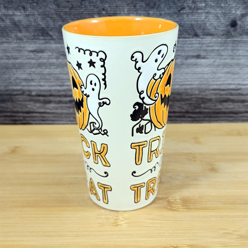 Load image into Gallery viewer, Halloween Coffee Mug Orange Black Trick or Treat Jack-o-Lantern Tea Cup Blue Sky
