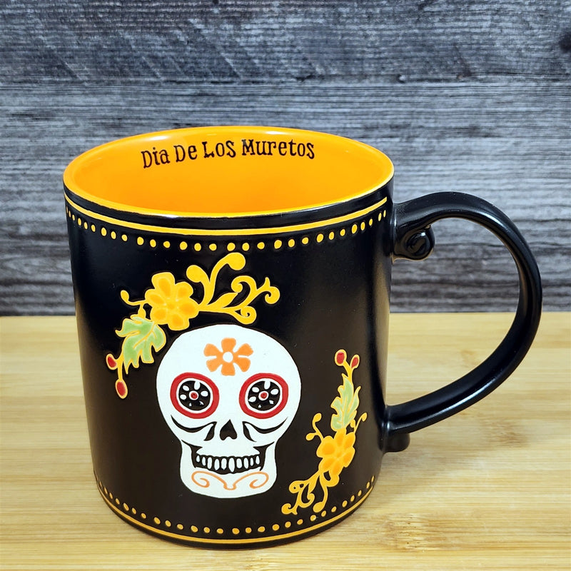 Load image into Gallery viewer, Day of the Dead Mug Black &amp; Orange Skull Floral Coffee Tea Cup Ceramic Blue Sky
