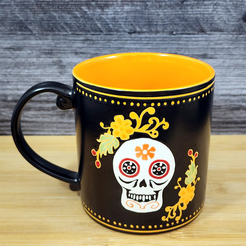 Load image into Gallery viewer, Day of the Dead Mug Black &amp; Orange Skull Floral Coffee Tea Cup Ceramic Blue Sky
