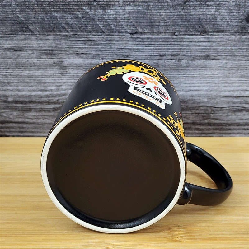 Load image into Gallery viewer, Day of the Dead Mug Black &amp; Orange Skull Floral Coffee Tea Cup Ceramic Blue Sky
