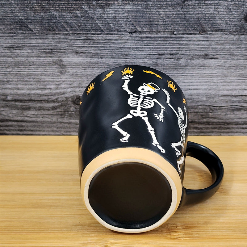 Load image into Gallery viewer, Halloween Dancing Skeleton Bones Orange Coffee Mug Ceramic Tea Cup Blue Sky
