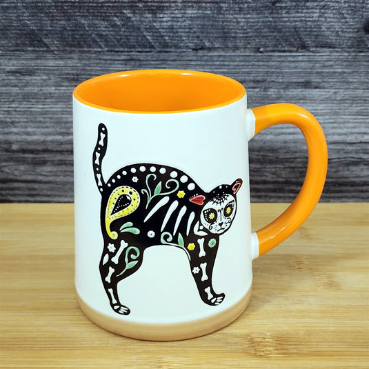 Halloween Day of the Dead Whimsical Cat Coffee Mug Orange Ceramic Cup Blue Sky