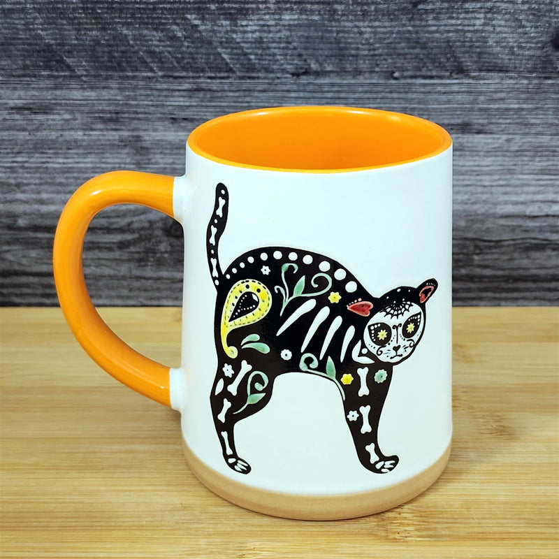 Load image into Gallery viewer, Halloween Day of the Dead Whimsical Cat Coffee Mug Orange Ceramic Cup Blue Sky
