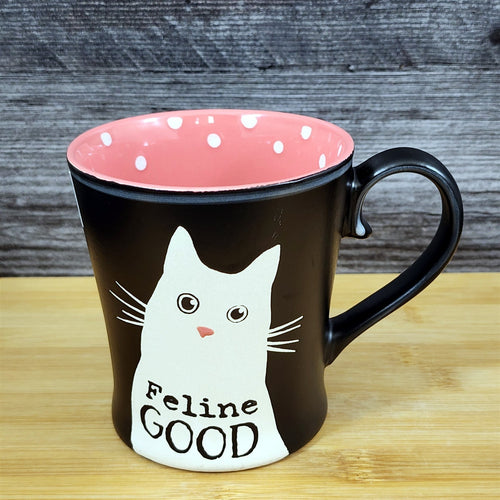 Cat Lover Saying Coffee Mug Black Ceramic Tea Cup Blue Sky Pink Inside 17oz