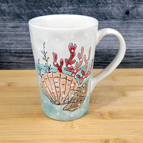 Whimsical Sea Shell Coffee Mug Marine Ocean Coral Life Cup Blue Sky Ceramic 18oz
