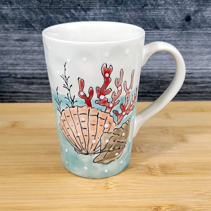 Load image into Gallery viewer, Whimsical Sea Shell Coffee Mug Marine Ocean Coral Life Cup Blue Sky Ceramic 18oz
