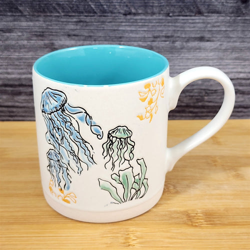 Whimsical Jellyfish Coffee Mug Marine Ocean Coral Life Cup Blue Sky Ceramic 18oz