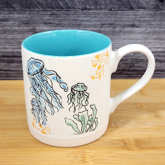 Whimsical Jellyfish Coffee Mug Marine Ocean Coral Life Cup Blue Sky Ceramic 18oz