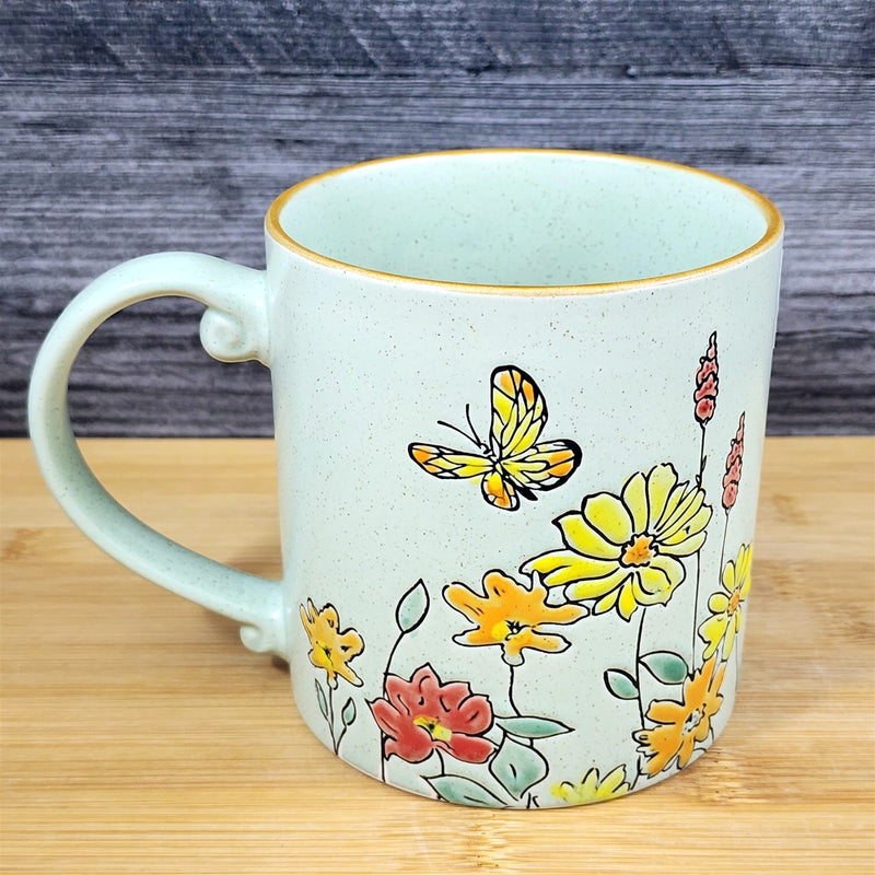 Load image into Gallery viewer, Country Garden Mug Butterfly and Yellow Flowers Nature Green Tea Cup Blue Sky
