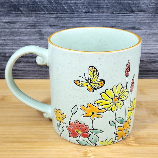 Country Garden Mug Butterfly and Yellow Flowers Nature Green Tea Cup Blue Sky